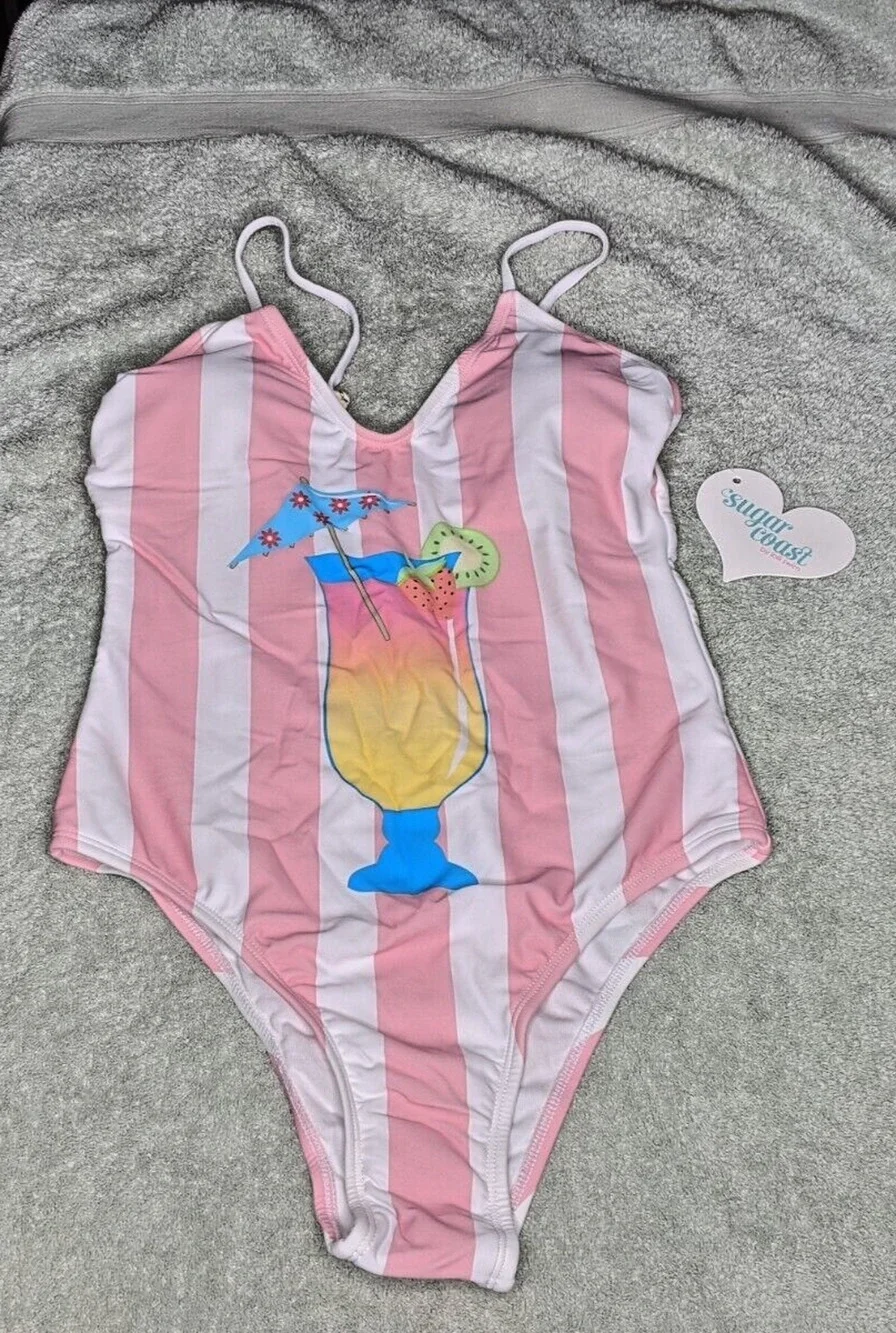 NEW Lolli Swimsuit SMALL One Piece Tank Tropical Drink Pink White NEW